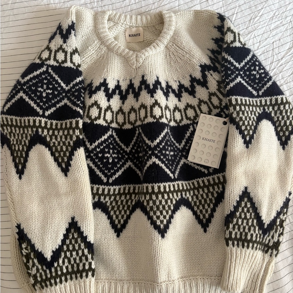 KHAITE Black and Cream Geometric Knit Sweater